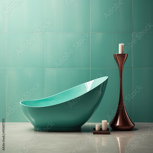 generated illustration of a green desiner bathtub against green gray walls. photo