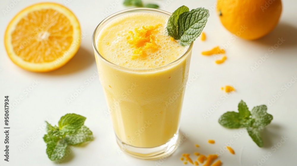 A refreshing orange juice smoothie in a clear glass, set on a white background, with a hint of orange zest and mint leaves for decoration. A refreshing orange juice smoothie in a clear glass, set on a white background, with a hint of orange zest and mint leaves for decoration.