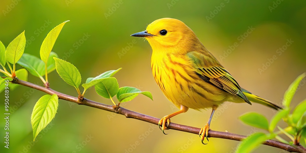Obraz premium A Yellow Warbler Perches On A Branch With A Yellow Background And Green Leaves.