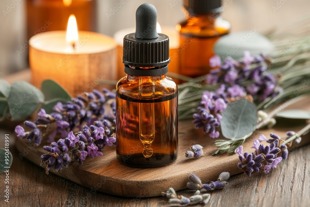 Lavender essential oil dropper bottle on a wooden table alongside candles and fresh lavender in a tranquil setting Lavender essential oil dropper bottle on a wooden table alongside candles and fresh lavender in a tranquil setting
