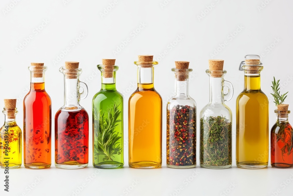 Assorted jars of infused oils arranged neatly on a white background showcasing various herbs and spices used for flavoring and cooking Assorted jars of infused oils arranged neatly on a white background showcasing various herbs and spices used for flavoring and cooking