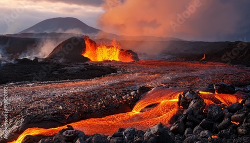 generative ai image of red hot lava molten magma flows onto solidified black lavafield and rocky land near volcano eruption hd background wallpaper photo