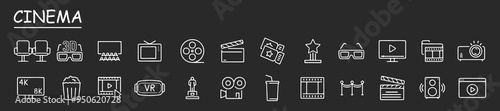 Video and cinema icon set. Containing camera, media, online video, live, production, player, movie and cinema icons. Line icon collection.