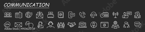 Communication icon set. Set of contact and support thin line icons. Contains icons as phone call, customer, 24 hrs, email, faq and more.