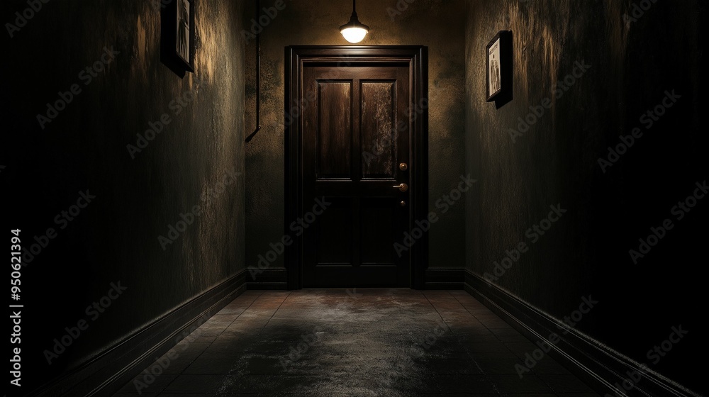 Obraz premium A dark, eerie hallway leading to a closed wooden door under a single dim light, evoking a sense of mystery and suspense..