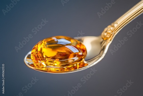 A close-up view of a golden honey droplet glistening on a silver spoon against a dark background during daylight