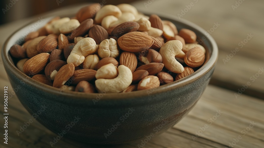 A close-up of mixed nuts, including almonds and cashews, in a textured rustic bowl placed on a wooden table. A close-up of mixed nuts, including almonds and cashews, in a textured rustic bowl placed on a wooden table.