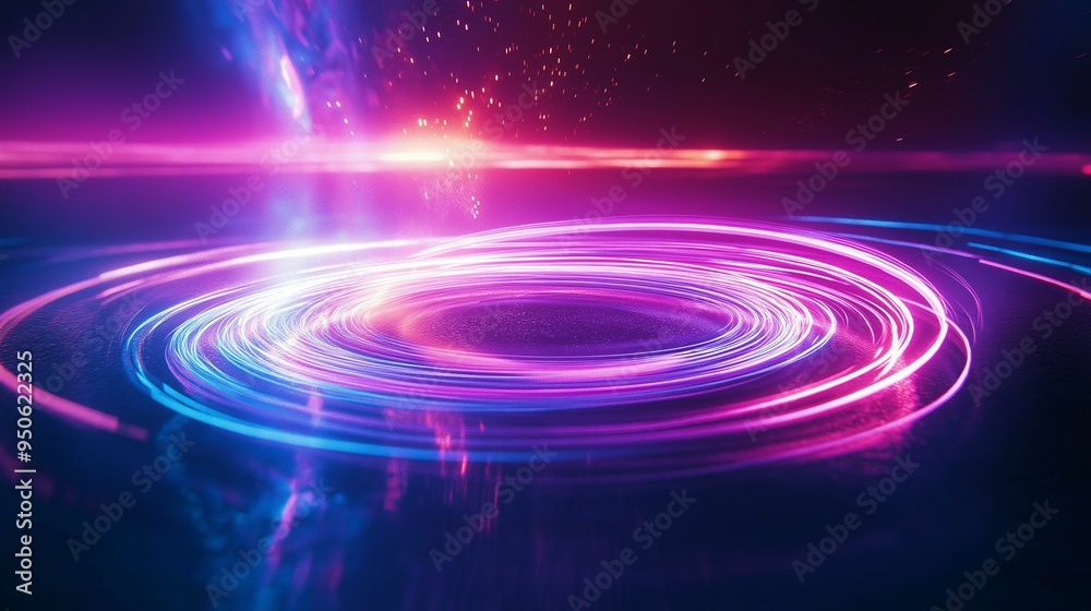 A vibrant neon light ring with swirling blue and pink hues on a dark background.