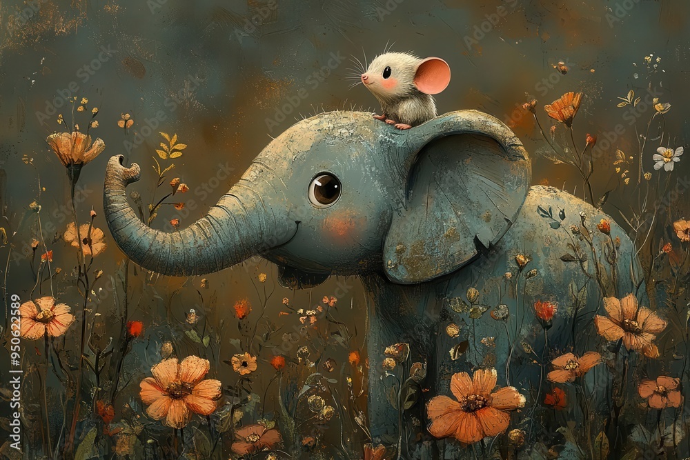 whimsical illustration of a tiny mouse perched atop a gentle elephants ...