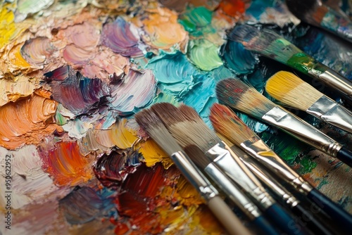 A vibrant selection of paint on a palette alongside various brushes used for creating colorful art in a studio setting