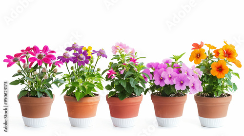 Set of 5 Fresh Flower Pots Isolated on White Background