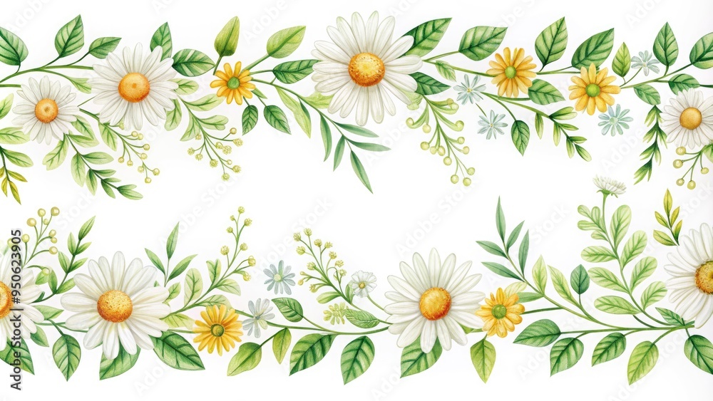 Delicate, hand-drawn floral border with whimsical daisies, leaves, and vines, set against a crisp white background, perfect for illustrating springtime, garden, or nature themes. Delicate, hand-drawn floral border with whimsical daisies, leaves, and vines, set against a crisp white background, perfect for illustrating springtime, garden, or nature themes.