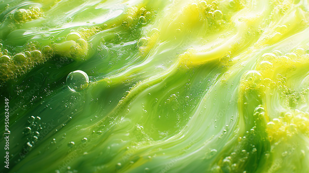 Abstract green and yellow liquid swirls with bubbles.