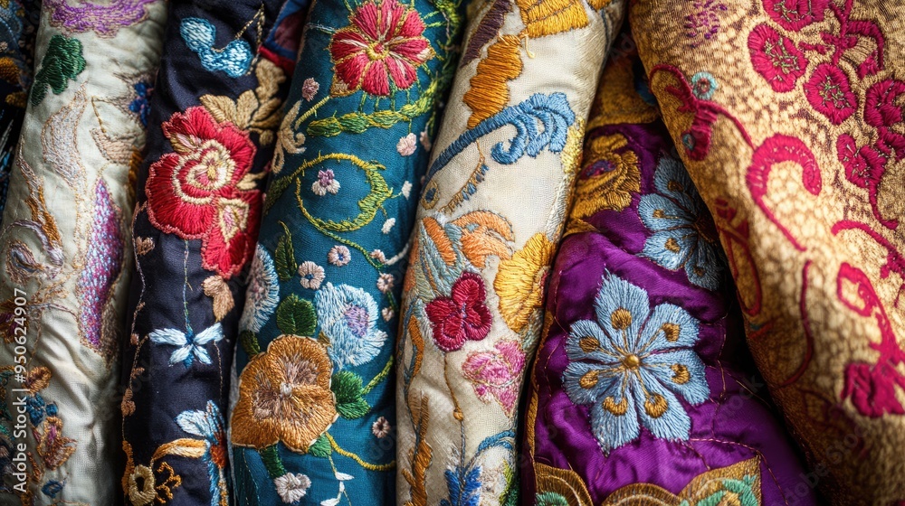 A close-up of embroidered fabrics from various parts of the world, highlighting the global art of needlework. A close-up of embroidered fabrics from various parts of the world, highlighting the global art of needlework.