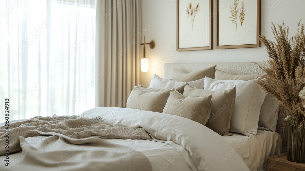 A serene bedroom with a neatly made king-size bed, plush pillows, and soft, neutral bedding, set against a light, calming color palette and cozy decor. A serene bedroom with a neatly made king-size bed, plush pillows, and soft, neutral bedding, set against a light, calming color palette and cozy decor.