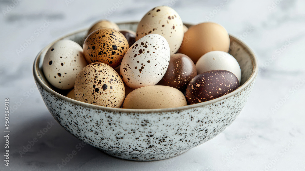 An aesthetic presentation of various colored eggs arranged in a speckled ceramic bowl, showcasing an appealing blend of nature and rustic charm, perfect for culinary and decorative themes. An aesthetic presentation of various colored eggs arranged in a speckled ceramic bowl, showcasing an appealing blend of nature and rustic charm, perfect for culinary and decorative themes.