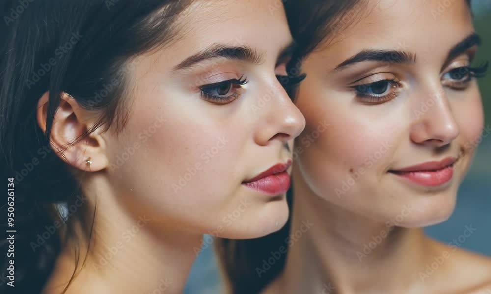Graceful Portrait of Twin Young Women with Close-Up on Their Beautiful Faces Graceful Portrait of Twin Young Women with Close-Up on Their Beautiful Faces