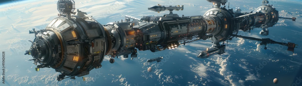 Futuristic concept art of a space station orbiting a distant planet, Sci-fi, Exploration Futuristic concept art of a space station orbiting a distant planet, Sci-fi, Exploration