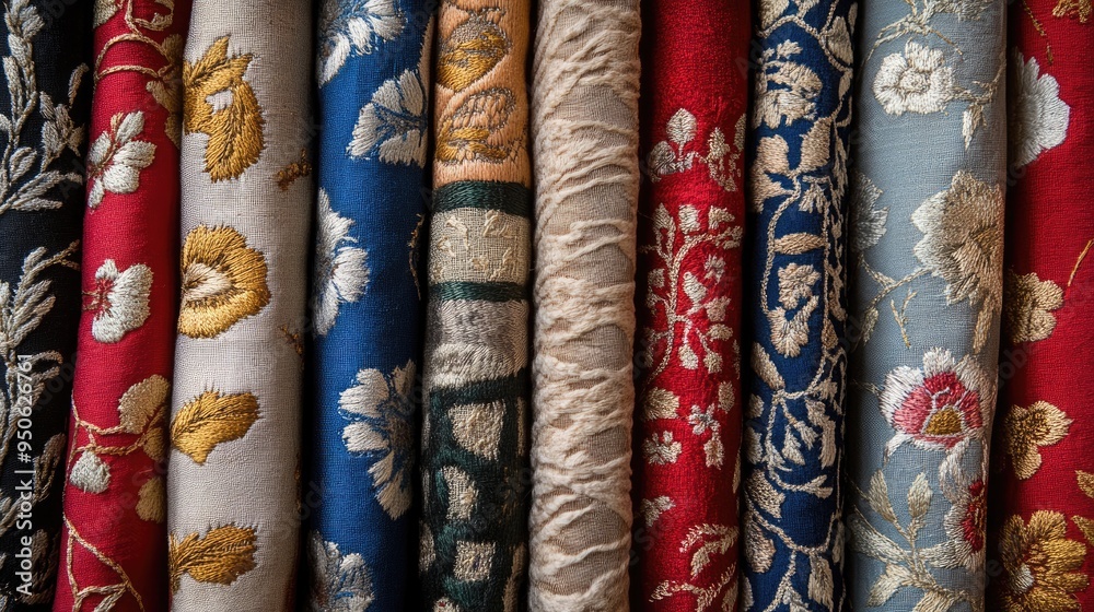 A close-up of embroidered fabrics from various regions, representing the global art of textile decoration. A close-up of embroidered fabrics from various regions, representing the global art of textile decoration.