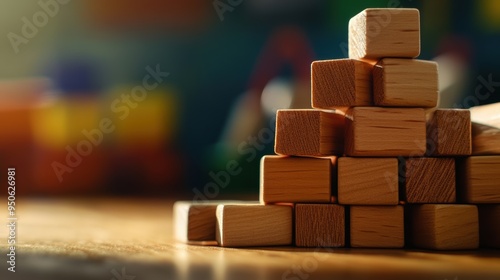 Stack of Wooden Toy Blocks on a Table with a Colorful Background in Soft Focus