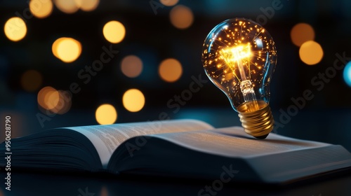 Illuminated Light Bulb Hovering Over an Open Book in a Dark, Bokeh-Lit Setting