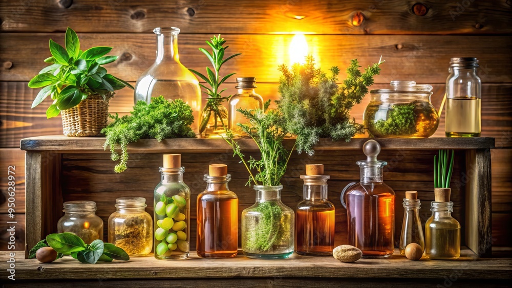 Rays of light illuminate a colorful arrangement of glass bottles containing various types of essential oils, herbs, and botanicals on a rustic wooden shelf. Rays of light illuminate a colorful arrangement of glass bottles containing various types of essential oils, herbs, and botanicals on a rustic wooden shelf.