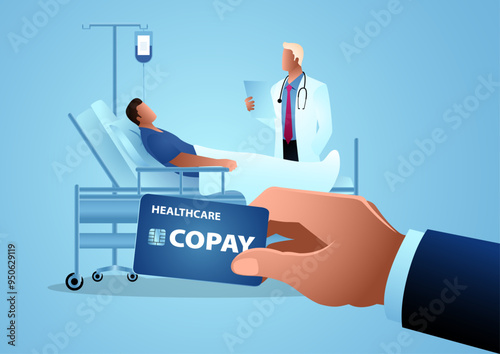 Vector illustration of a doctor visiting a patient, with a hand holding a copay card prominently in the foreground. Ideal for healthcare, insurance, medical services, and patient care costs contents