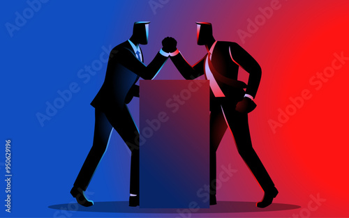 Vector illustration of two businessmen engaged in a hand wrestling match, symbolizing competition, rivalry, power struggles, competitive environments, and conflict resolution concepts