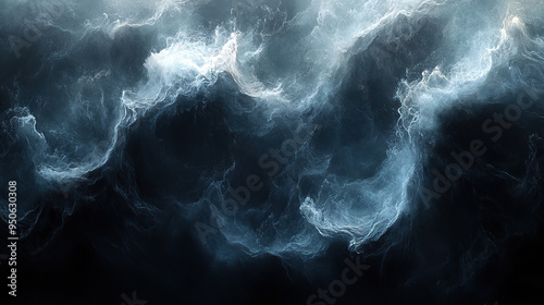 Abstract swirling clouds of white and blue on a dark background.