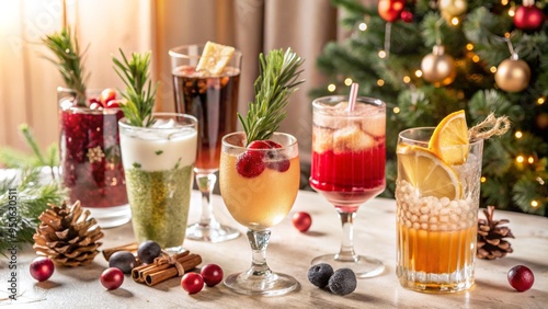 Assorted Christmas Cocktails with Festive Decorations, Holiday Drink Selection photo