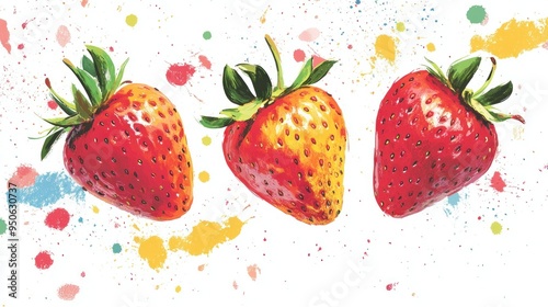 Three Red Strawberries with Colorful Splashes on a White Background photo