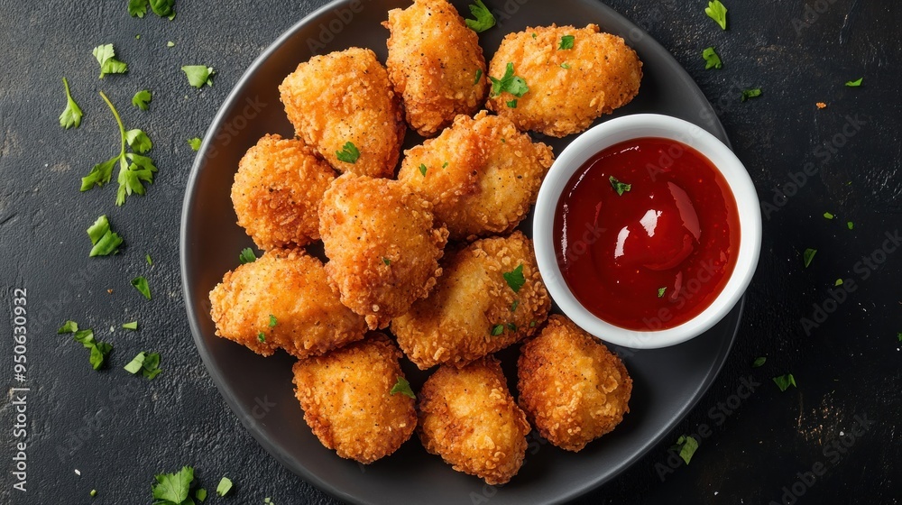Chicken Nuggets with Dipping Sauce on Black Plate