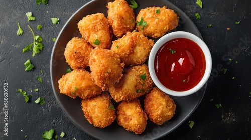 Obraz na płótnie Chicken Nuggets with Dipping Sauce on Black Plate w salonie