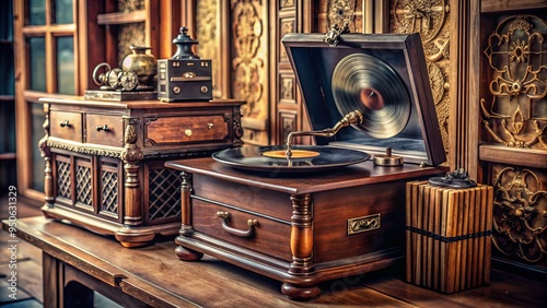 Retro-style record player with a wooden cabinet and ornate details spins a black vinyl record, surrounded by vintage music sheets and nostalgic items.