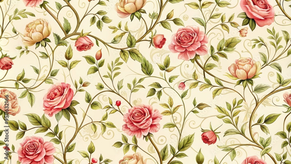 Delicate, intertwining rose stems and blooming flowers adorn a soft, ivory-colored textile with a classic, vintage-inspired pattern, perfect for upholstery, wallpaper, or clothing design.
