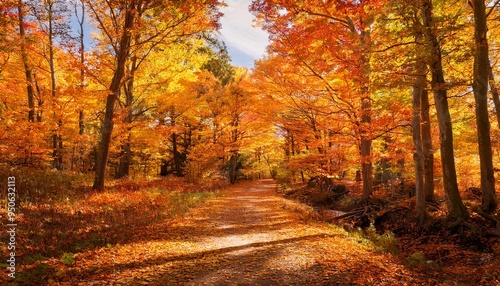 pathway through a forest with colorful autumn trees golden leaves and scenic landscape highlighting the charm of fall