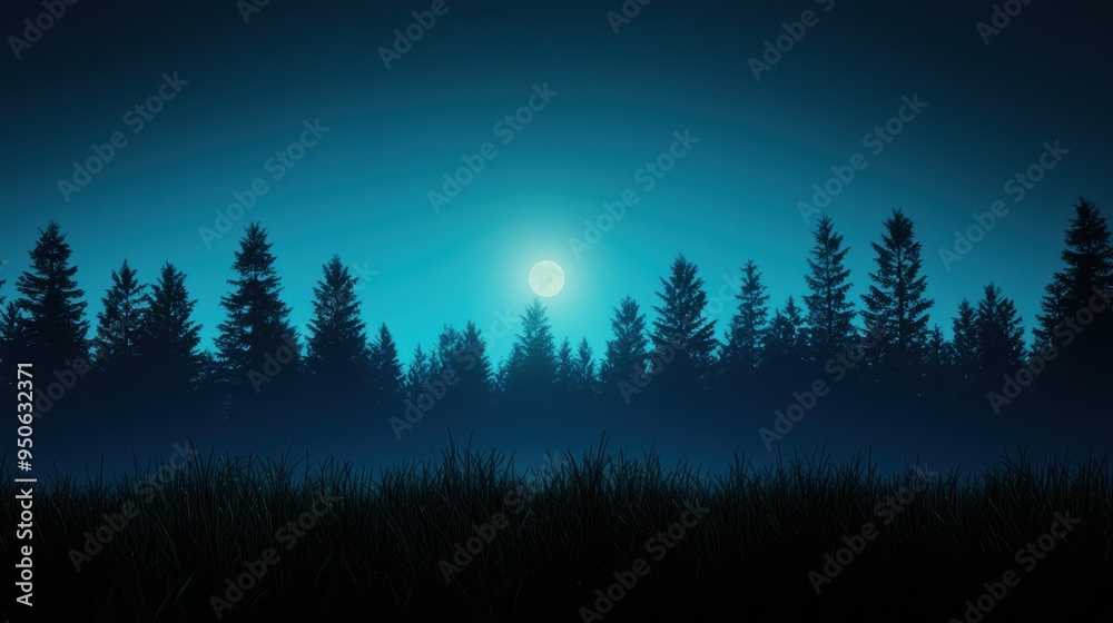 Moonlit Night in Forest with Pine Trees Silhouetted Against a Dark Blue Sky Moonlit Night in Forest with Pine Trees Silhouetted Against a Dark Blue Sky