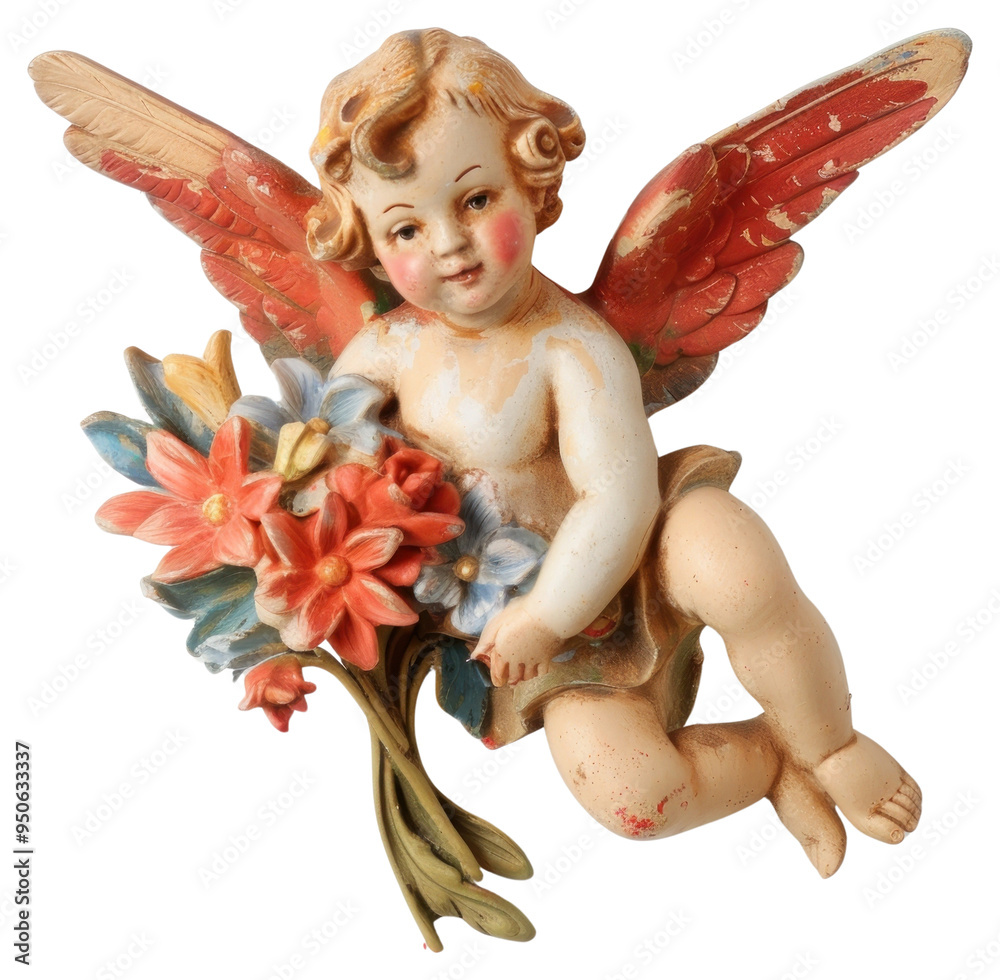 Fototapeta premium PNG Cherub holding colorful flower bouquet