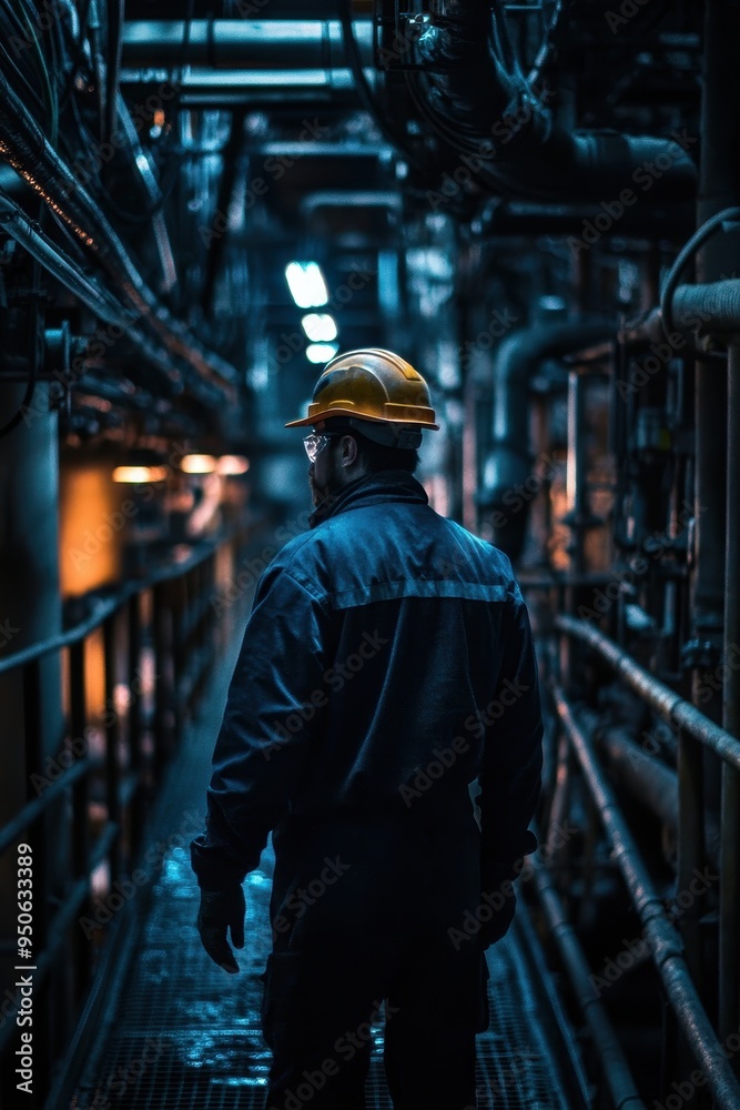 Industrial Worker Navigating Tight Spaces in Dimly Lit Factory Industrial Worker Navigating Tight Spaces in Dimly Lit Factory
