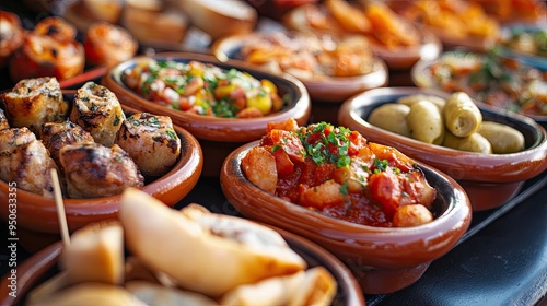 A close-up of Spanish tapas, featuring a variety of small plates with bold flavors.