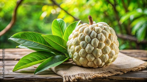 Ripe sugar-apple fruit with soft, grainy skin and sweet, creamy pulp, surrounded by lush green leaves on a rustic wooden table background. photo