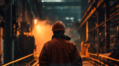 Hardworking Industrial Worker in Protective Gear Navigating Dimly Lit Factory