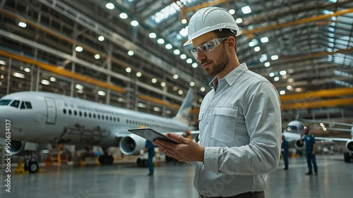 Aviation engineer is holding a tablet and doing a pre-flight check photo