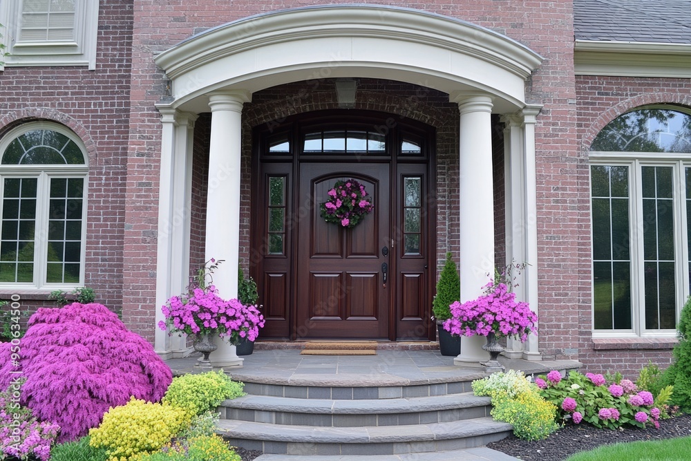 Front Door Sidelights. Elegant House Entrance with Portico, Brick Walls, Maroon Azalea Flowers Front Door Sidelights. Elegant House Entrance with Portico, Brick Walls, Maroon Azalea Flowers