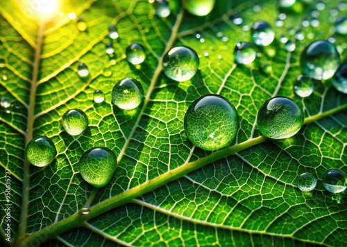 Delicate morning dew drops cling to a vibrant green leaf's intricate veins, refracting light and casting tiny shadows in a mesmerizing display of natural beauty. photo