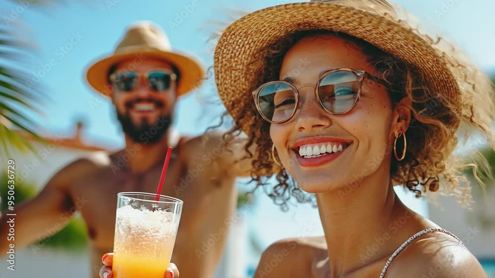 Happy young woman holding cocktail enjoying summer vacation with friends Happy young woman holding cocktail enjoying summer vacation with friends