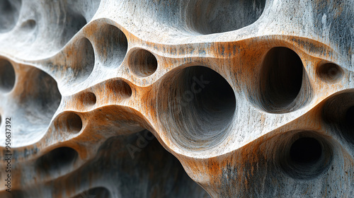 Close-up of a textured, eroded rock with many holes and crevices, showing the organic forms of nature.
