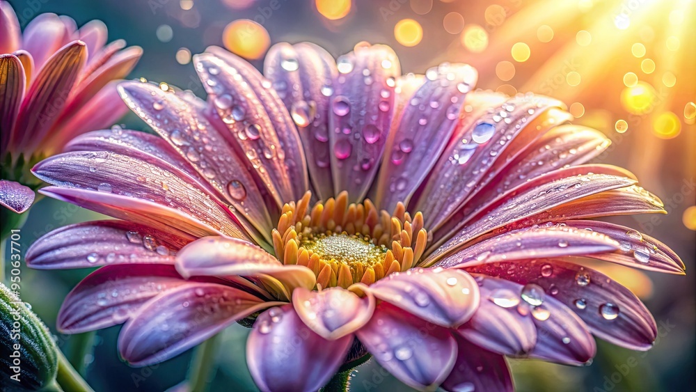 Obraz premium Delicate petal details and sparkling dew droplets create a serene, intimate atmosphere in this close-up photograph of a fresh, morning flower, exuding natural beauty.