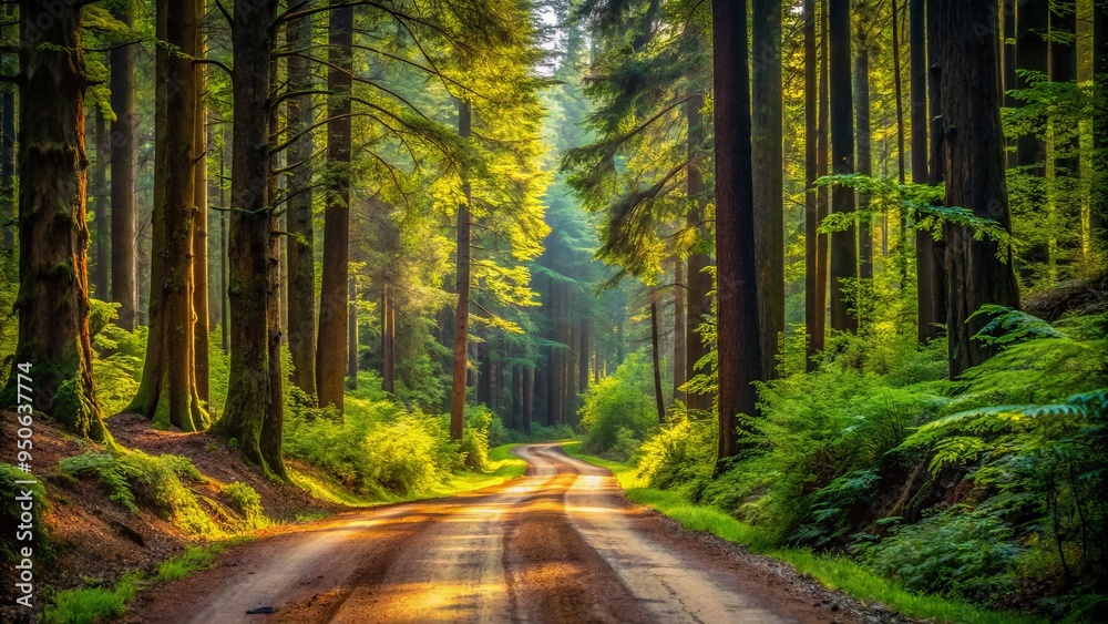Fototapeta premium Rustic dirt road winds through dense forest, surrounded by towering trees and Overgrown foliage, leading to a serene and secluded natural landscape.