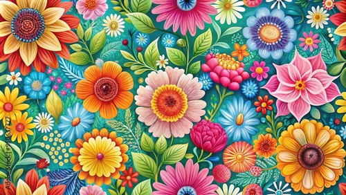 Delicate petals and intricate details of brightly colored flowers overlap seamlessly to create a vibrant, repeating pattern perfect for backgrounds, textiles, and design elements.
